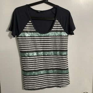 Halogen Women’s XS Sequin Striped Soft Shirt Charcoal Gray Mint Green White